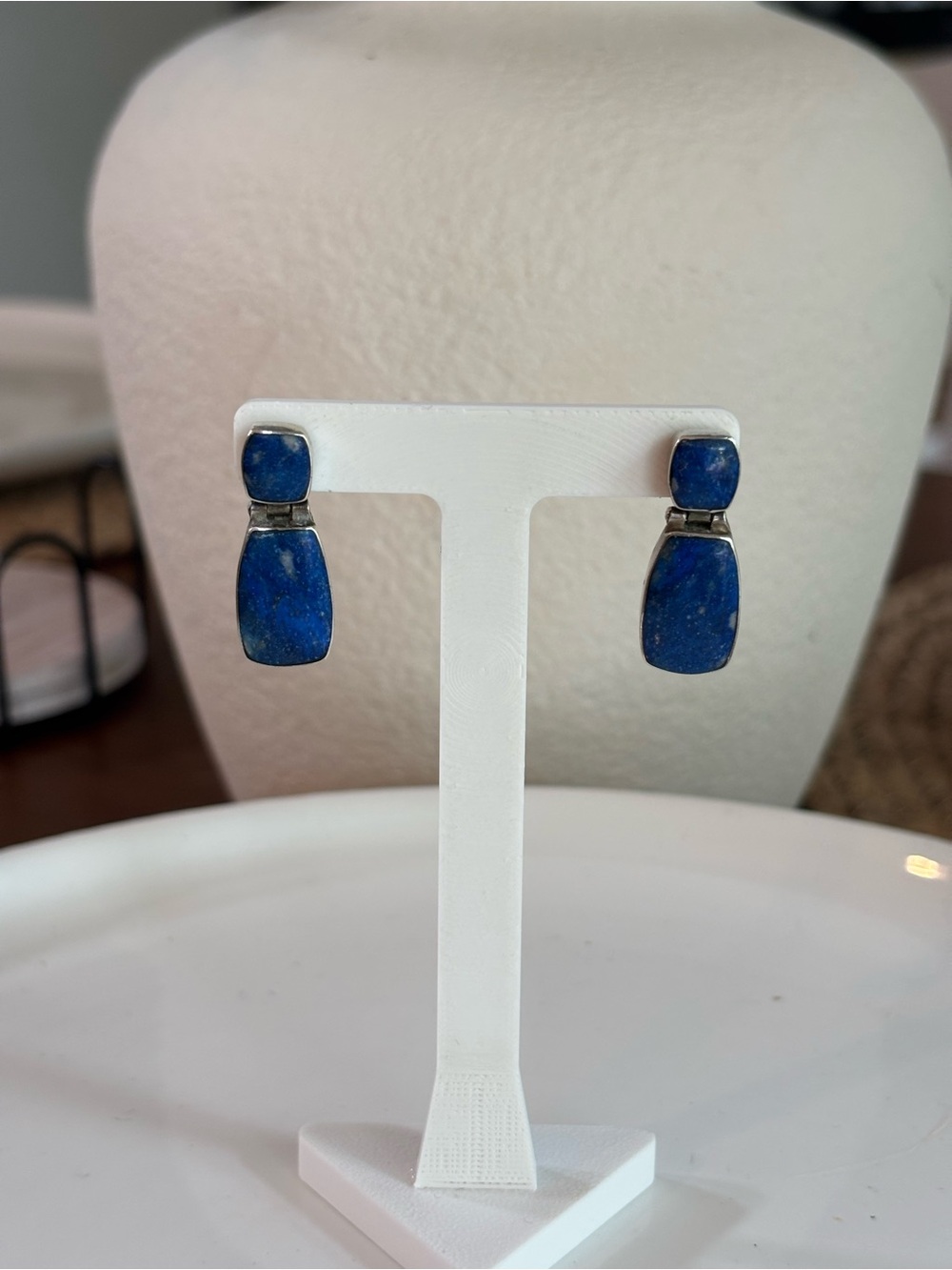 Vintage Sterling Silver Lapis Lazuli Drop Dangle Earrings 1" Two Stone Blue